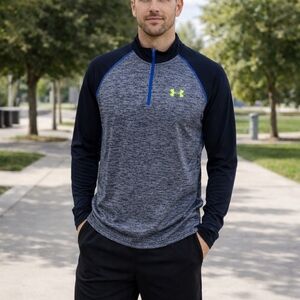Under Armour Men’s Quarter Zip L Heather Gray Blue Neon Logo Pullover Top